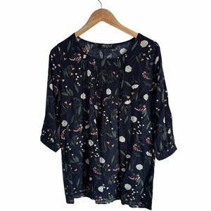 Graciela Navy Blue Over Size Floral Blouse Size Medium 100% Cotton